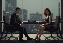 Corporate couple having a private conversation in office setting