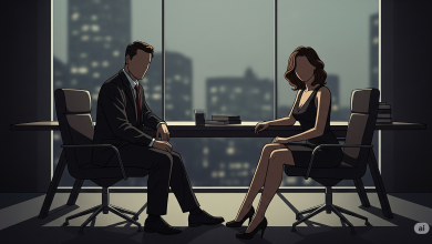 Corporate couple having a private conversation in office setting