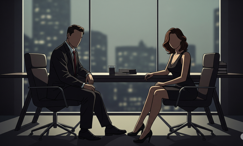 Corporate couple having a private conversation in office setting