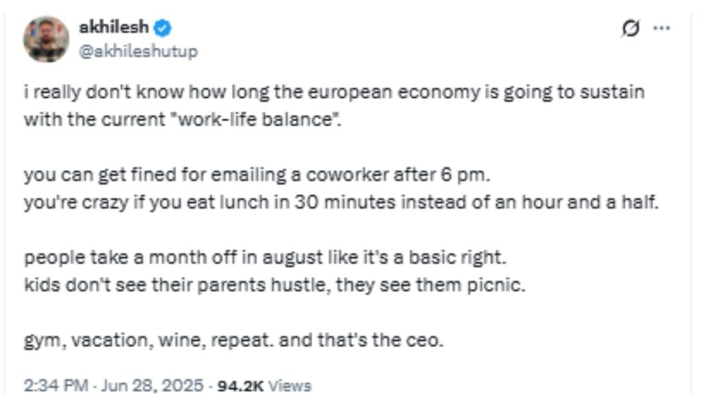 User reactions to Europe work culture post on X.