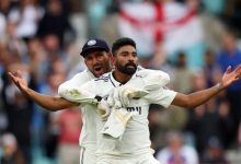 Mohammed Siraj celebrates his fifth wicket at The Oval
