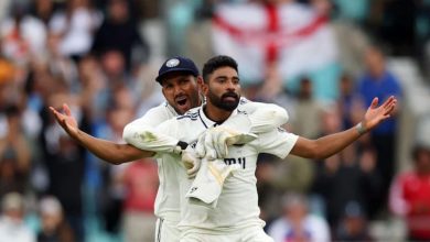 Mohammed Siraj celebrates his fifth wicket at The Oval