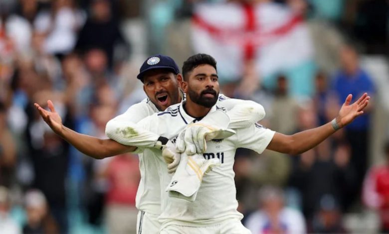 Mohammed Siraj celebrates his fifth wicket at The Oval